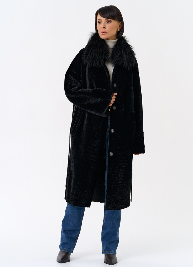 Женская двухстороняя дубленка с воротником из меха чернобурой лисы модель № 31932 универмаг малина