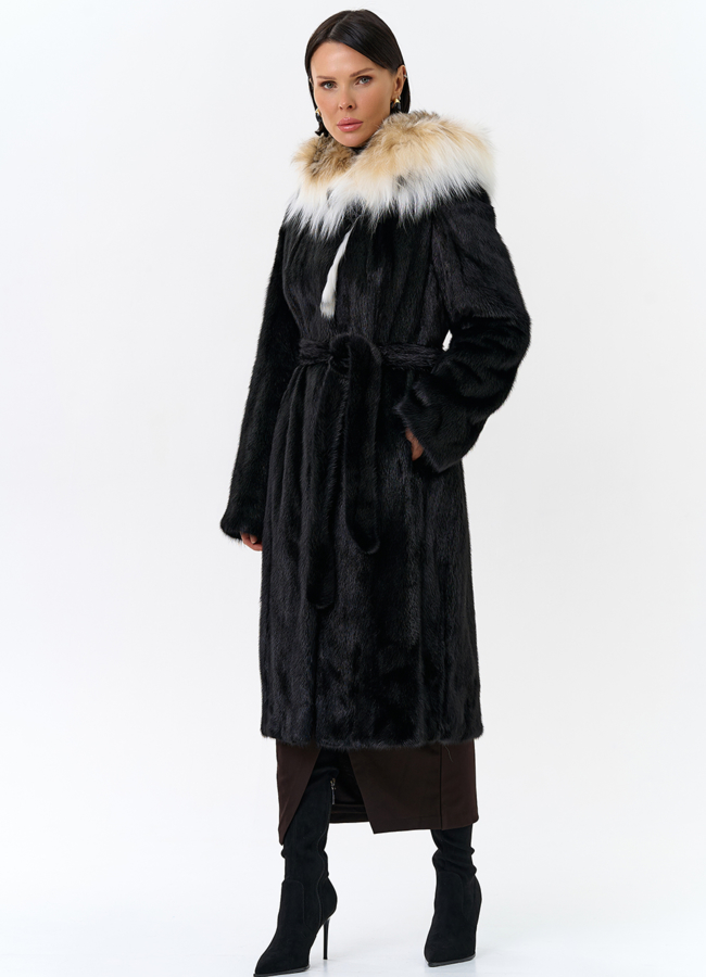 фото Норковая шуба с рысью в черном цвете модель № 25002