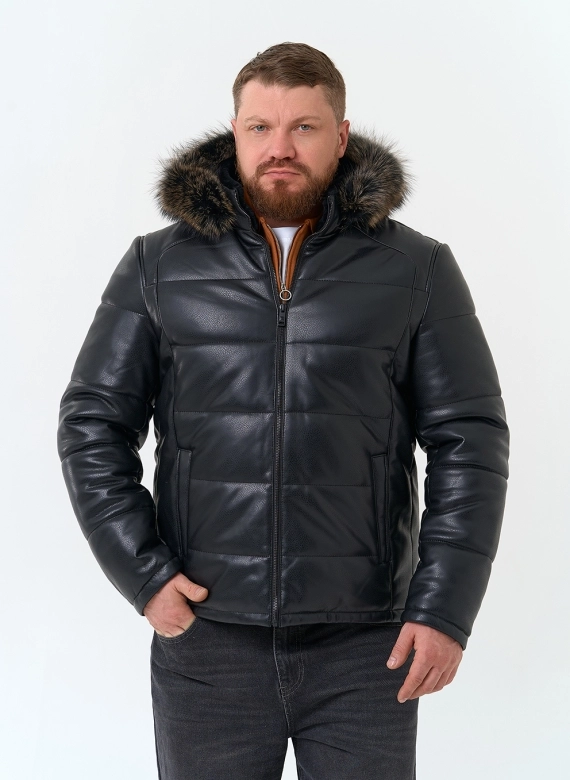 Мужской пуховик из эко кожи с мехом енота на капюшоне фото