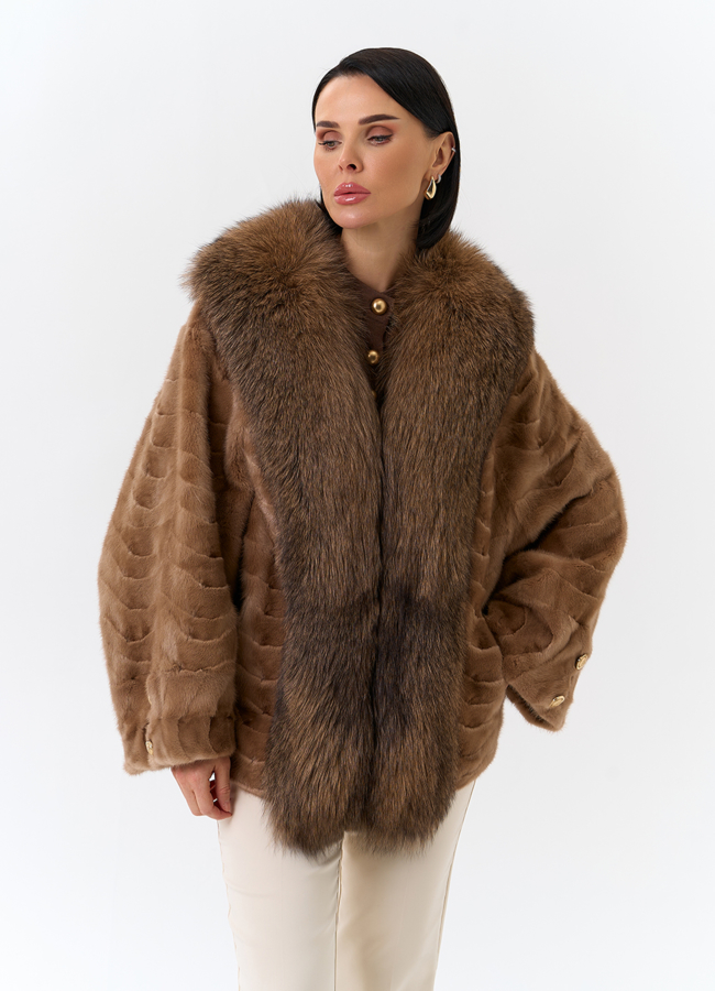 фото Шуба из норки с отделкой из меха лисы модель № 32200