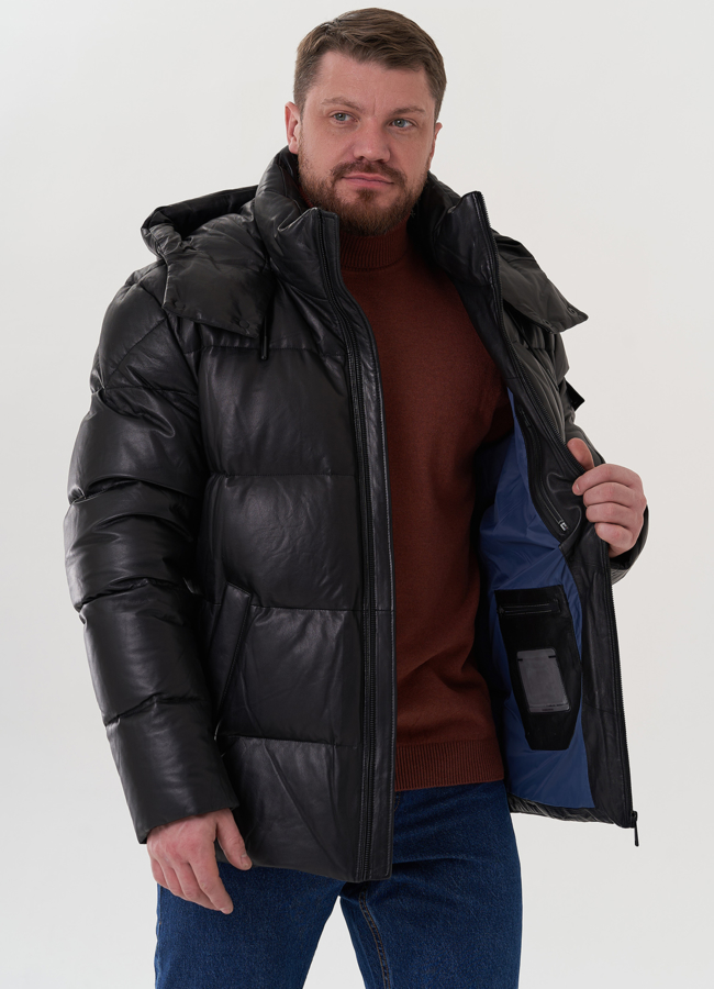 Пуховик из натуральной кожи с капюшоном модель № 25996 в рассрочку