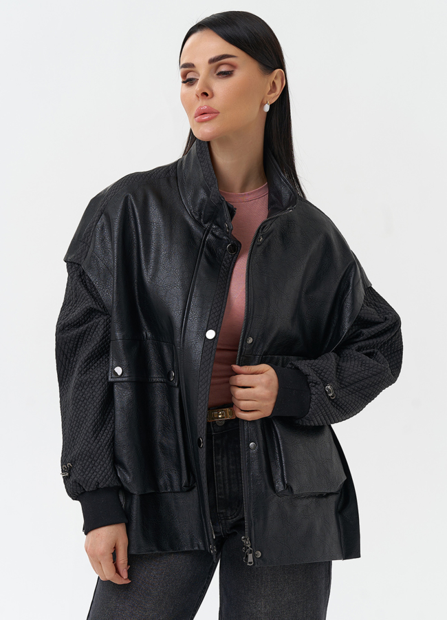 Куртка из эко кожи с воротником стойкой модель № 30029 меха малина