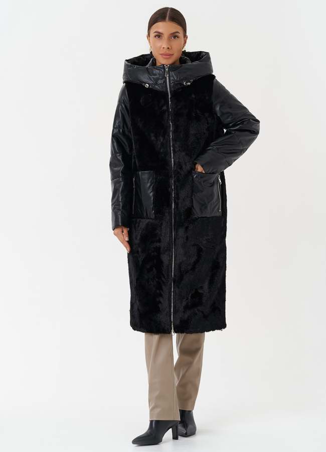 Пуховик из эко кожи с капюшоном модель № 23366 меха малина