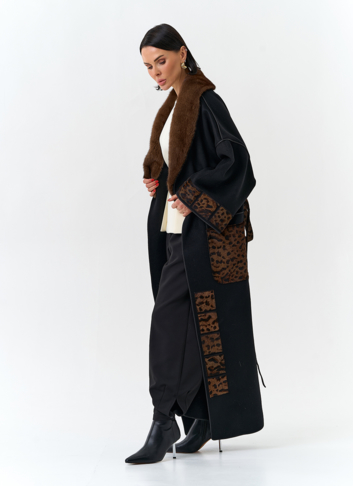 Женское длинное пальто с воротником из меха норки