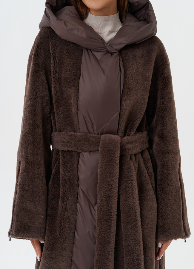 Комбинированное пальто на утеплении с капюшоном модель № 28538 в рассрочку