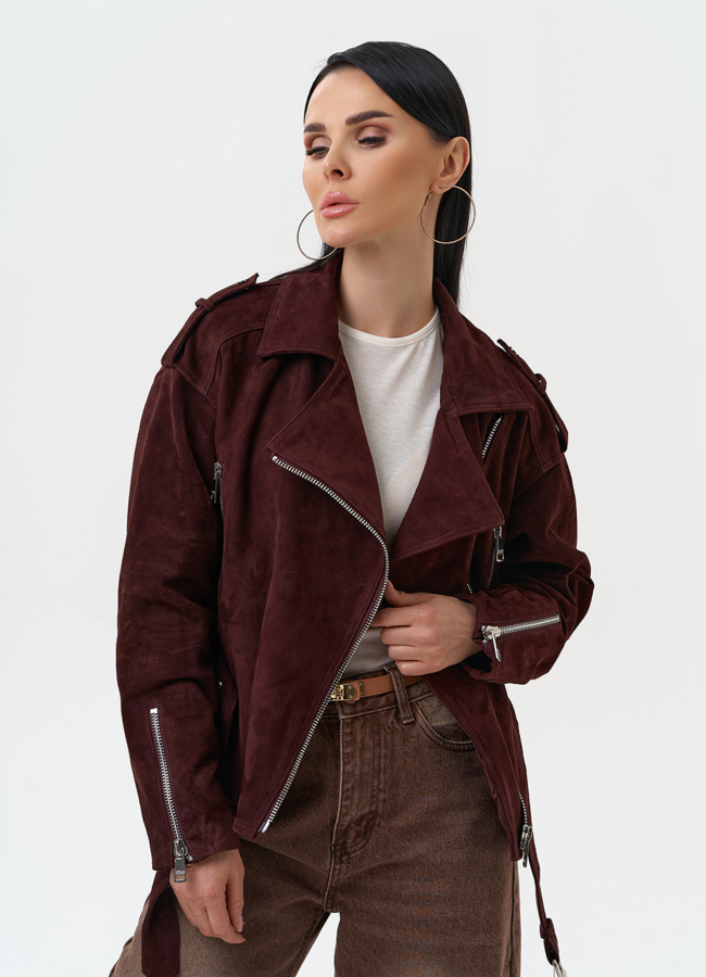 Женская куртка из натуральной замши с поясом модель № 30363 меха малина
