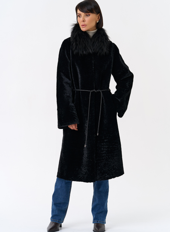 Женская двухстороняя дубленка с воротником из меха чернобурой лисы