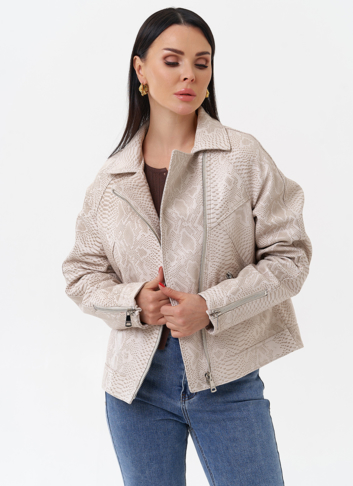 Светлая куртка из натуральной кожи с принтом змея