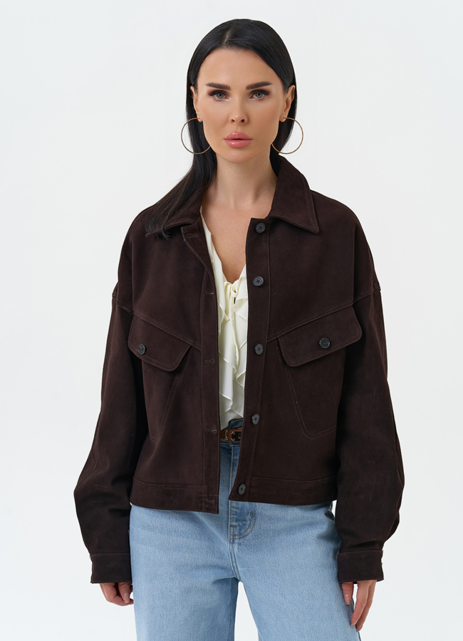 фото Женская куртка из натуральной замши коричневого цвета модель № 30321