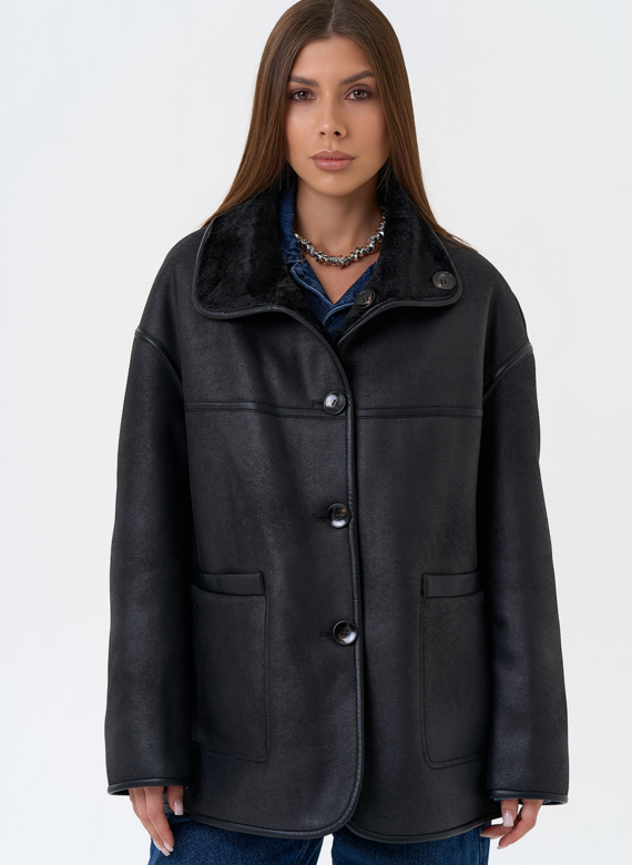 Женская двухсторонняя дубленка из эко замши в черном цвете
