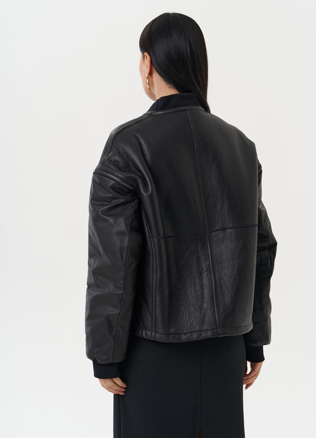 Кожаная дубленка с акцентными молниями модель № 28118 универмаг малина