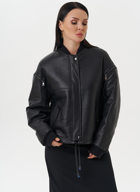 Кожаная дубленка с акцентными молниями