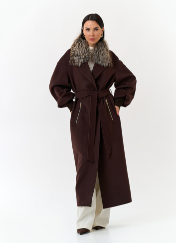 Женское длинное пальто с отделкой из меха лисы