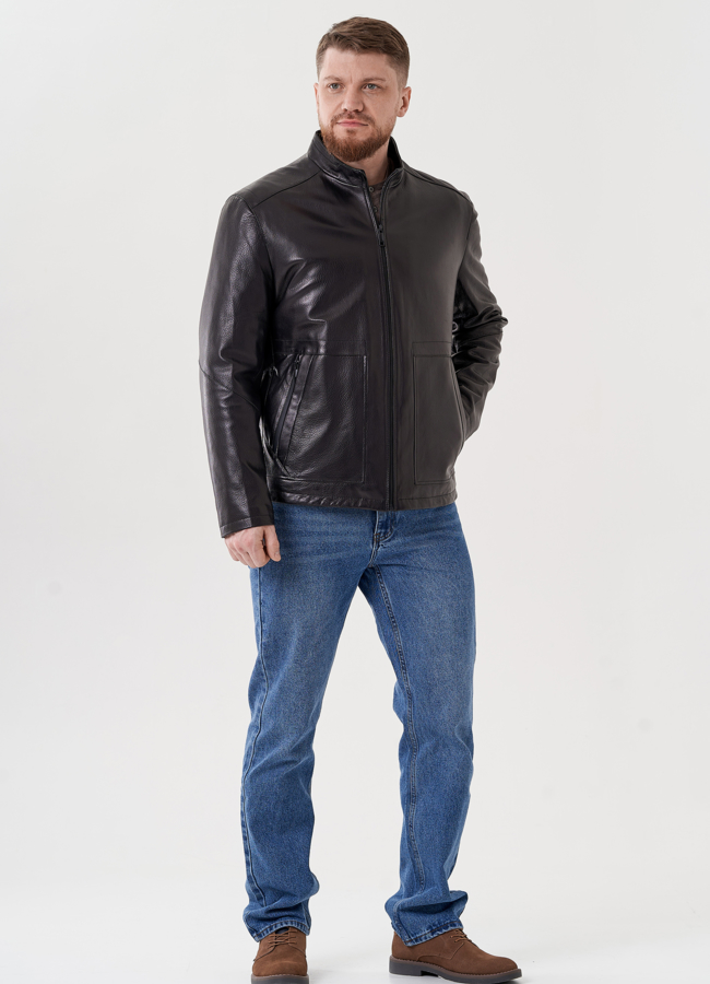 Мужская кожаная куртка  модель № 24436 меха малина