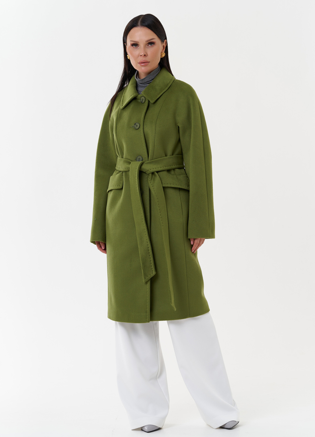 фото Женское пальто зеленого цвета с поясом модель № 27695