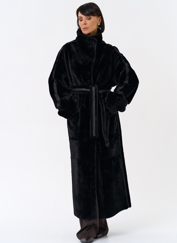 Женская двухсторонняя дубленка с воротником стойкой