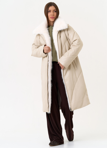 Женский пуховик из эко кожи с отделкой из эко меха