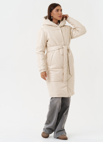 Пуховик из эко кожи с капюшоном