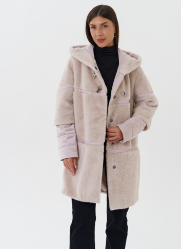 Комбинированное пальто из эко меха с капюшоном