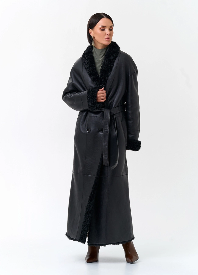 Двусторонняя женская дубленка из овчины в черном цвете модель № 31988 универмаг малина