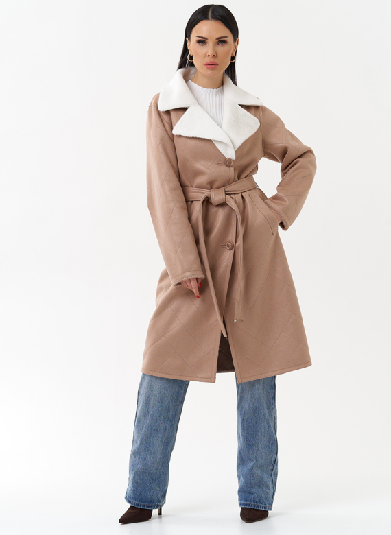 Пальто женское из эко замши с английским воротником