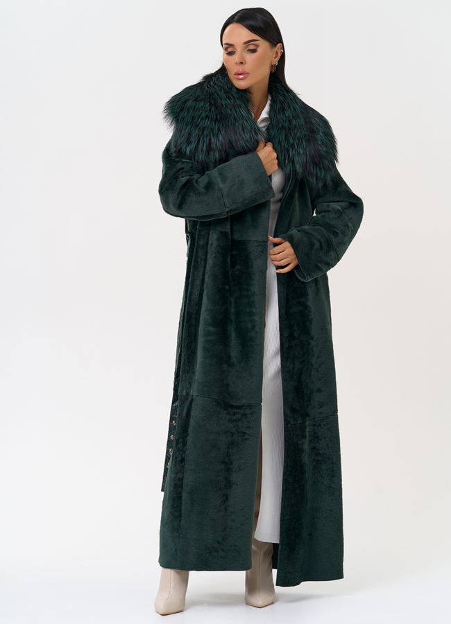 Женская двусторонняя дубленка из меха овчины Cortos с поясом из кожи питона модель № 31400 универмаг малина