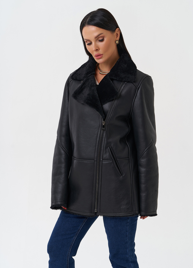 Женская дубленка черного цвета  модель № 28703 универмаг малина