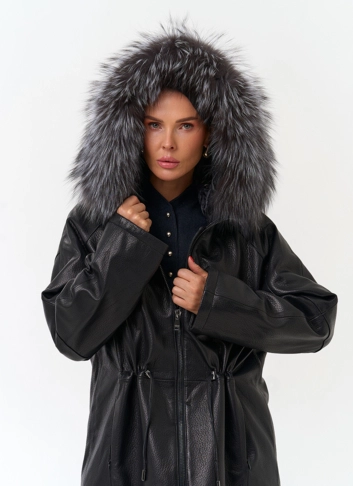 Женский пуховик из натуральной кожи с чернобуркой