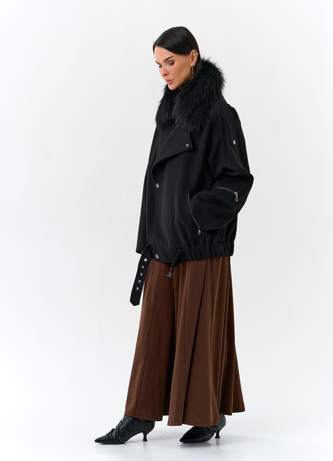 Женское укороченное пальто с отделкой из меха лисы модель № 32782 универмаг малина