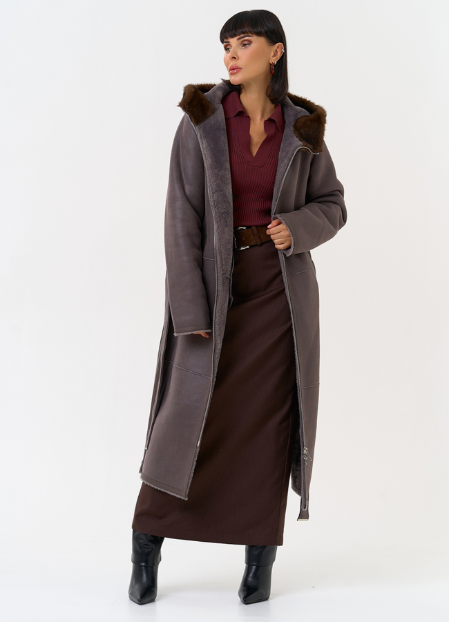 Женская дубленка из эко замши с поясом модель № 31515 универмаг малина