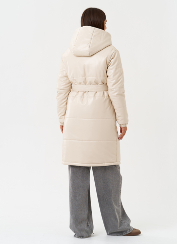 Пуховик из эко кожи с капюшоном