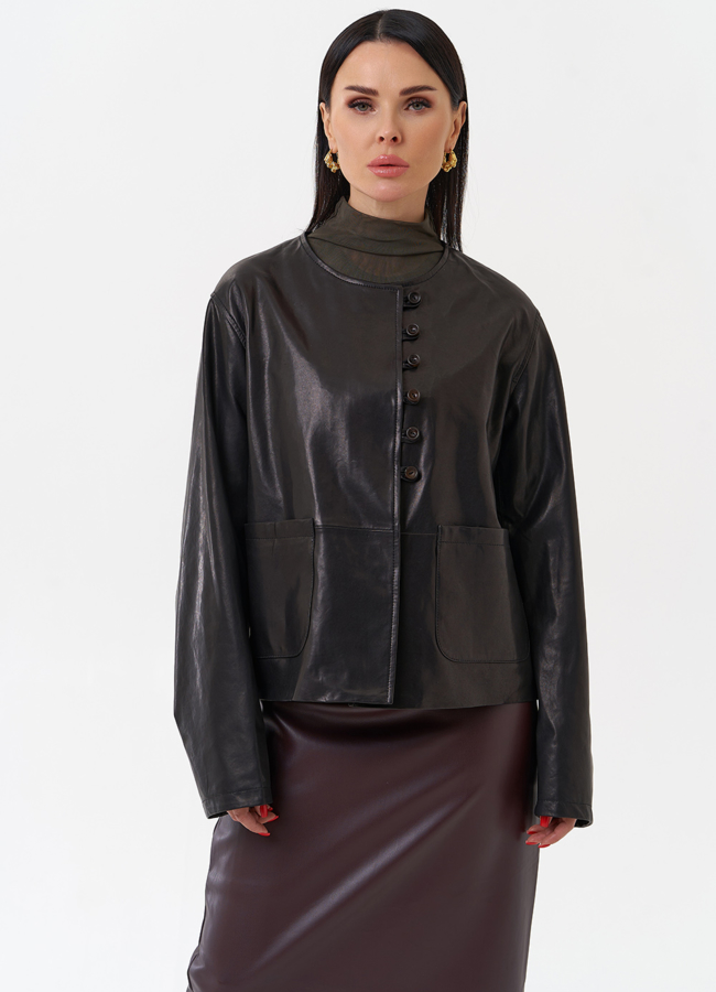 Кожаная куртка на пуговицах модель № 29913 меха малина