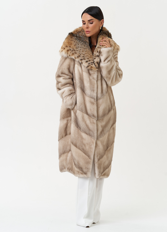 Женская шуба из меха норки с капюшоном из меха рыси модель № 31168 универмаг малина