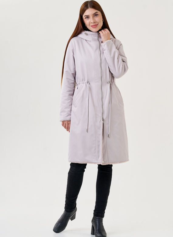 Двухстороннее пальто из эко меха с капюшоном