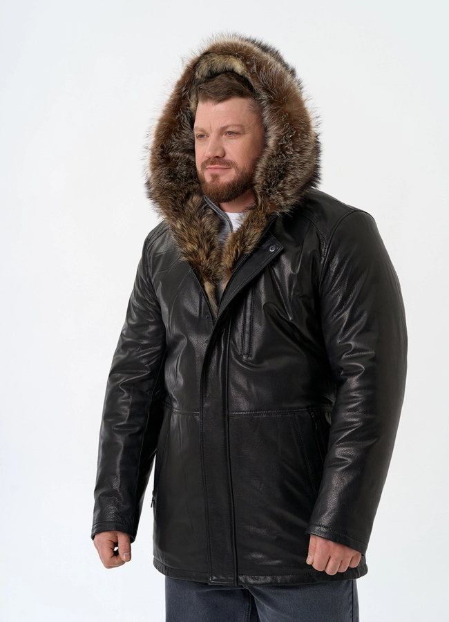 фото Мужская натуральная дубленка на волке с отделкой из меха енота модель № 26231
