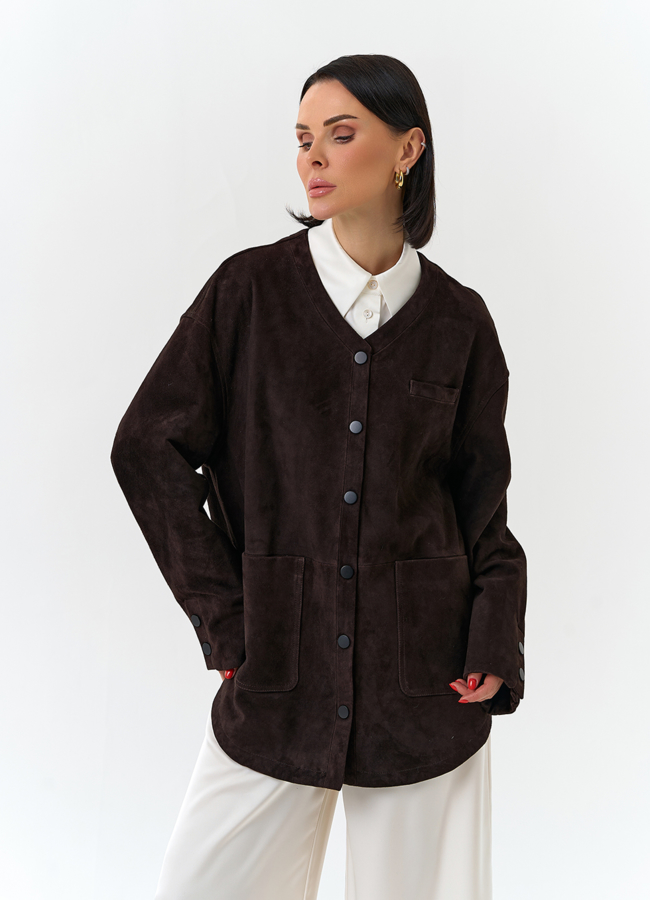 Удлиненная куртка из натуральной замши модель № 32534 меха малина