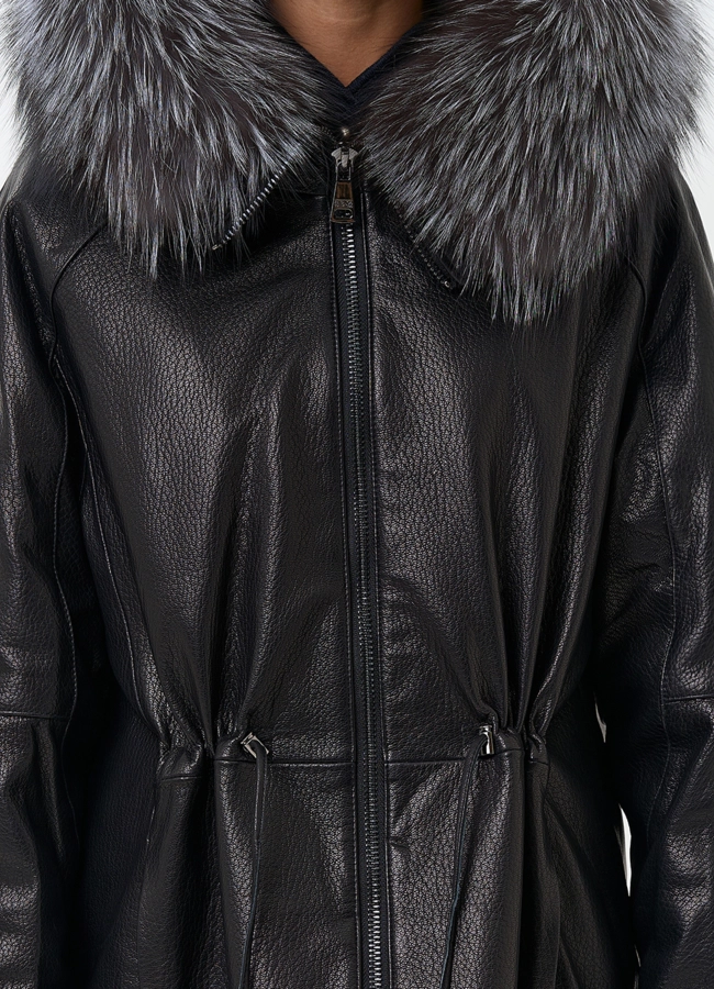 Женский пуховик из натуральной кожи с чернобуркой модель № 34200 универмаг малина
