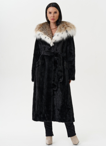 Норковая шуба с капюшоном из меха рыси
