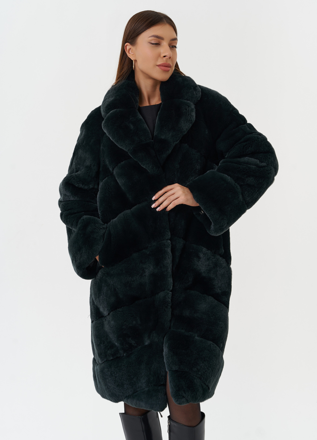 Шуба из меха кролика зеленого цвета модель № 28033 меха малина