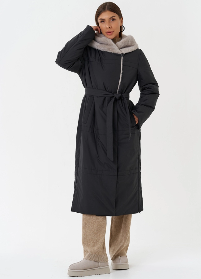 Пуховик с капюшоном из эко меха модель № 28839 меха малина