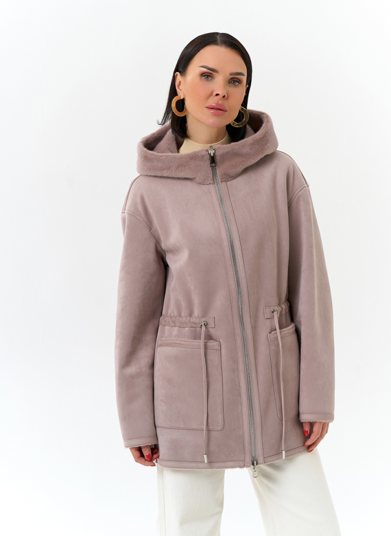 Двухсторонняя дубленка из эко замши с капюшоном