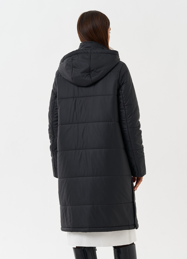 Пуховик из эко кожи с капюшоном модель № 27729 универмаг малина