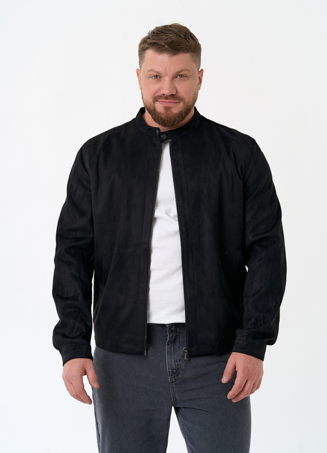 Мужская куртка из эко замши черного цвета модель № 30302 меха малина